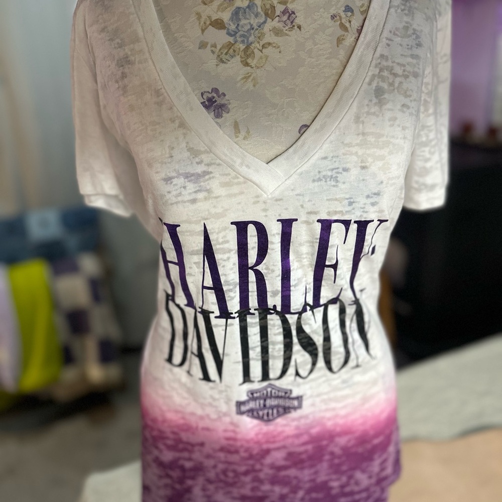 Harley-Davidson Women's Purple and White V-Neck Top